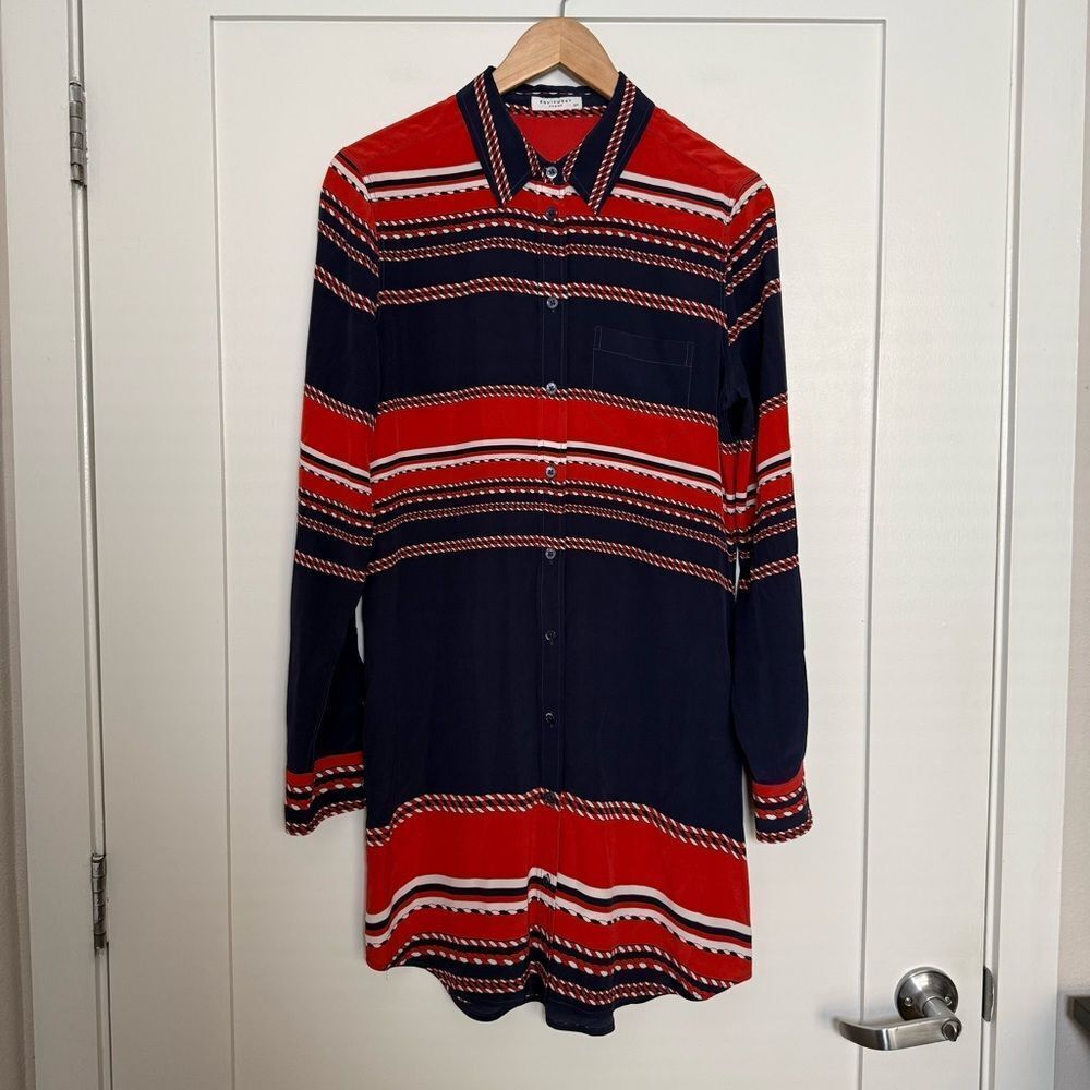 Equipment Femme Shirt Dress Sz S Red Blue 100% Silk Button Up Long Sleeve Boho